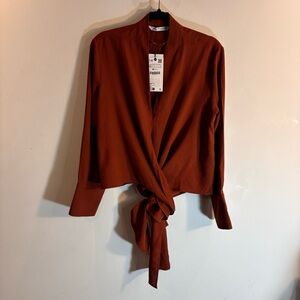 ZARA Sz XS Blouse Oversized Multi Position Ties Flowy Long Sleeve NEW WITH TAGS